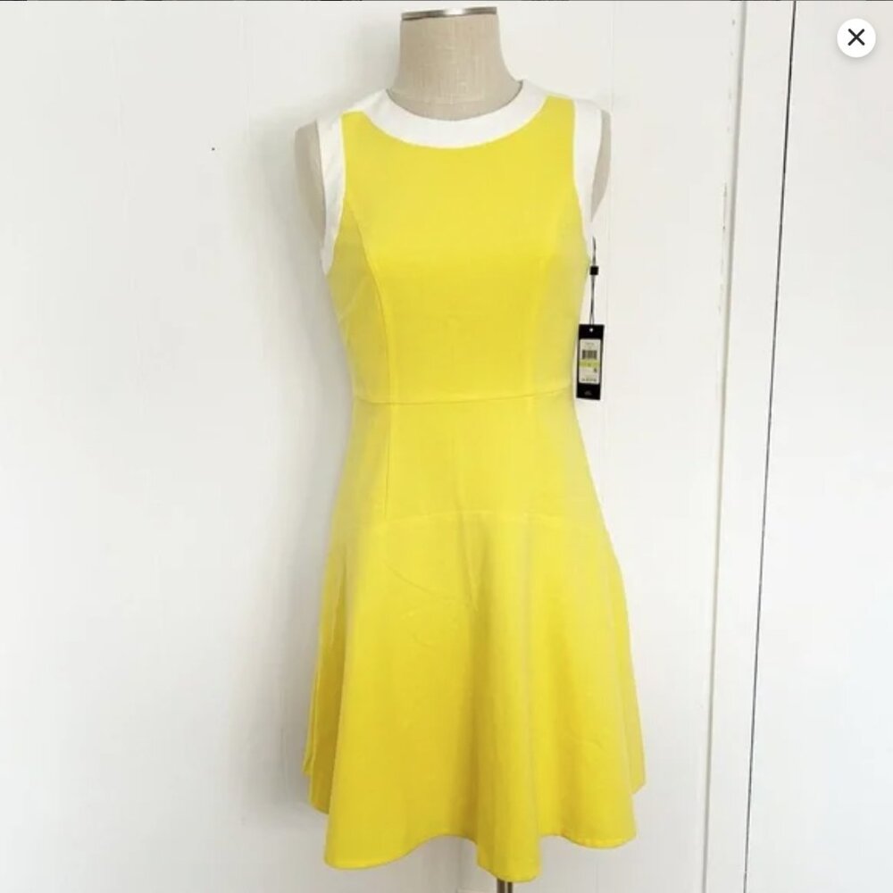 Tommy Hilfiger Yellow White Trim Fit and Flare Dress Exposed Zipper NWT Size 4